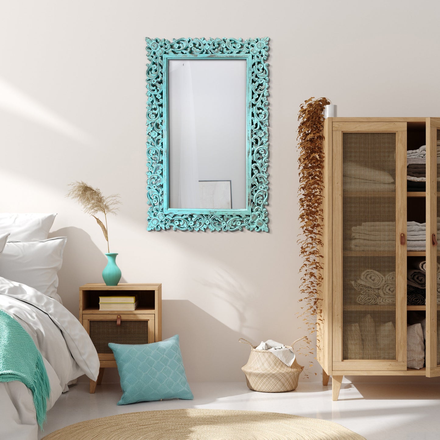Hand Carved Mirror "Agung" - Turquoise Wash - 150 cm