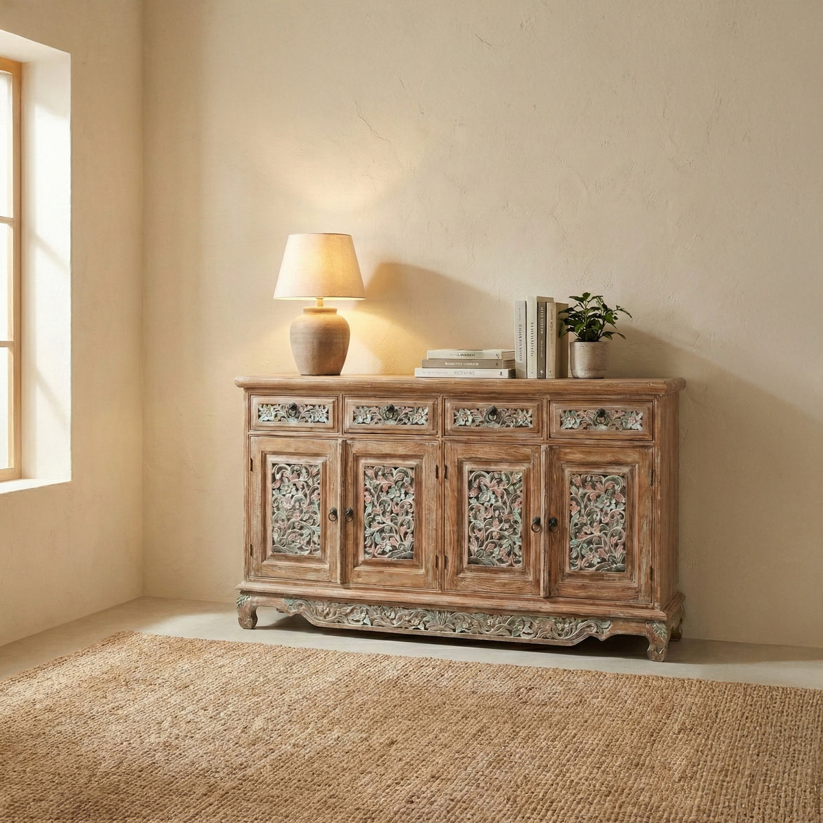 Wooden Carved Console Cabinet With Storage "Kirana" - 150 cm