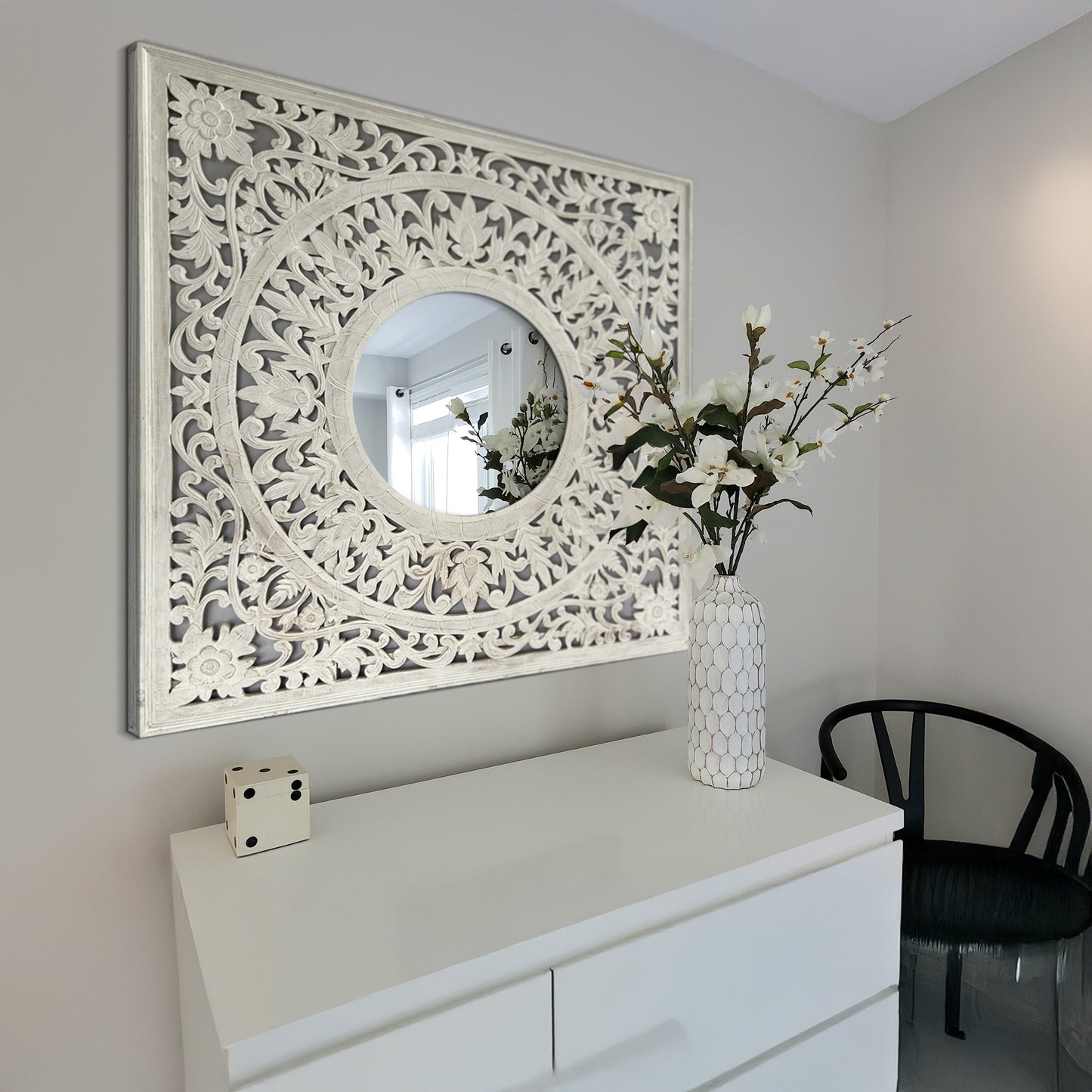 Hand Carved Mirror "Kilau" - White wash - 130cm