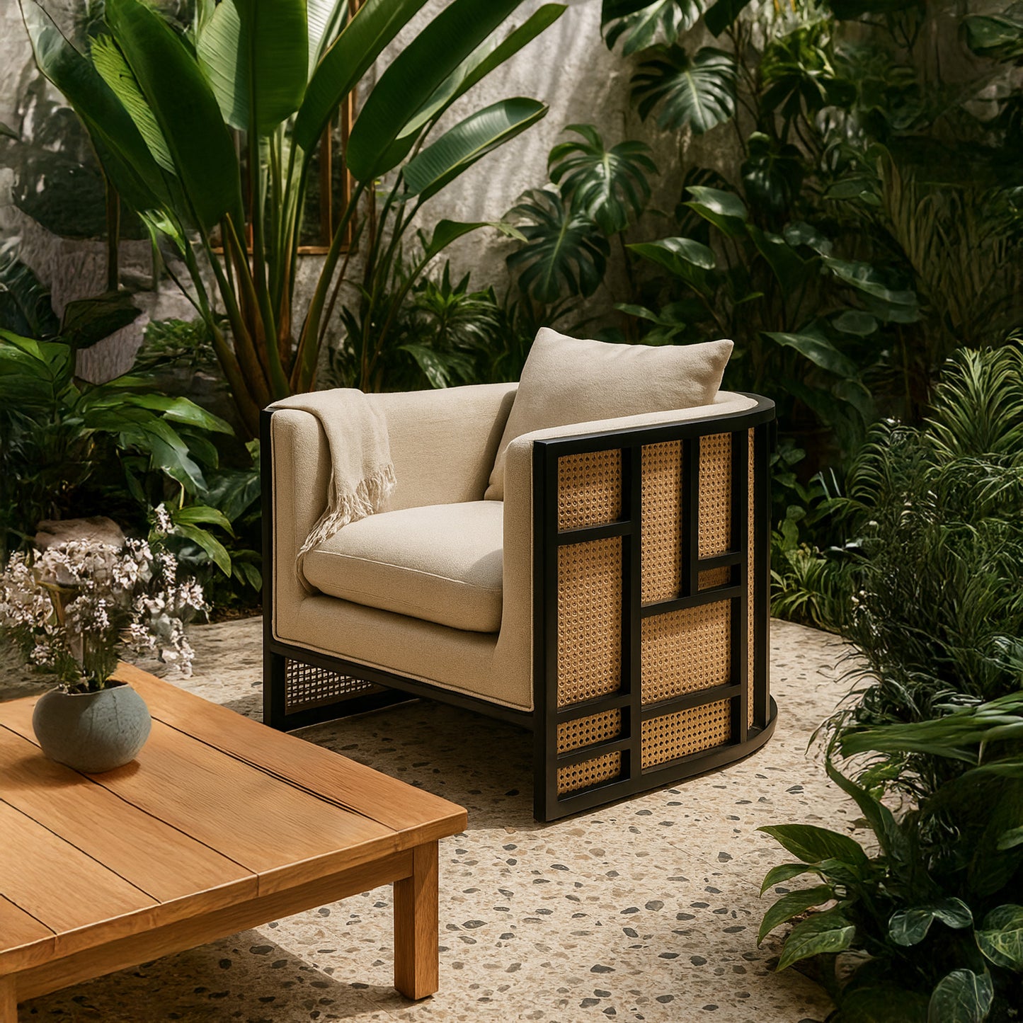 Kitsune Cane Lounge Chair - Natural Cane & Wood