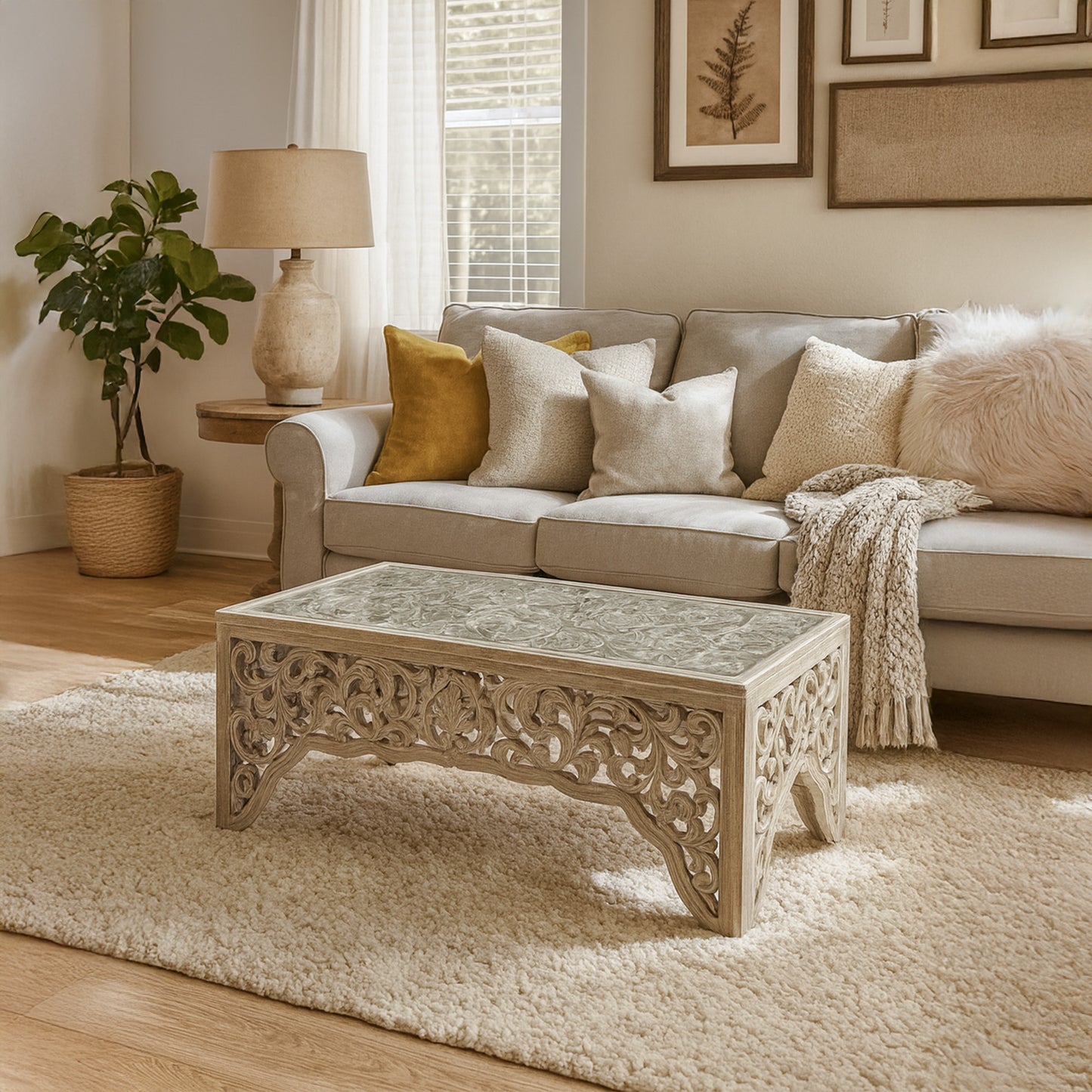 Carved Coffee Table "Salira" -Antic Wash
