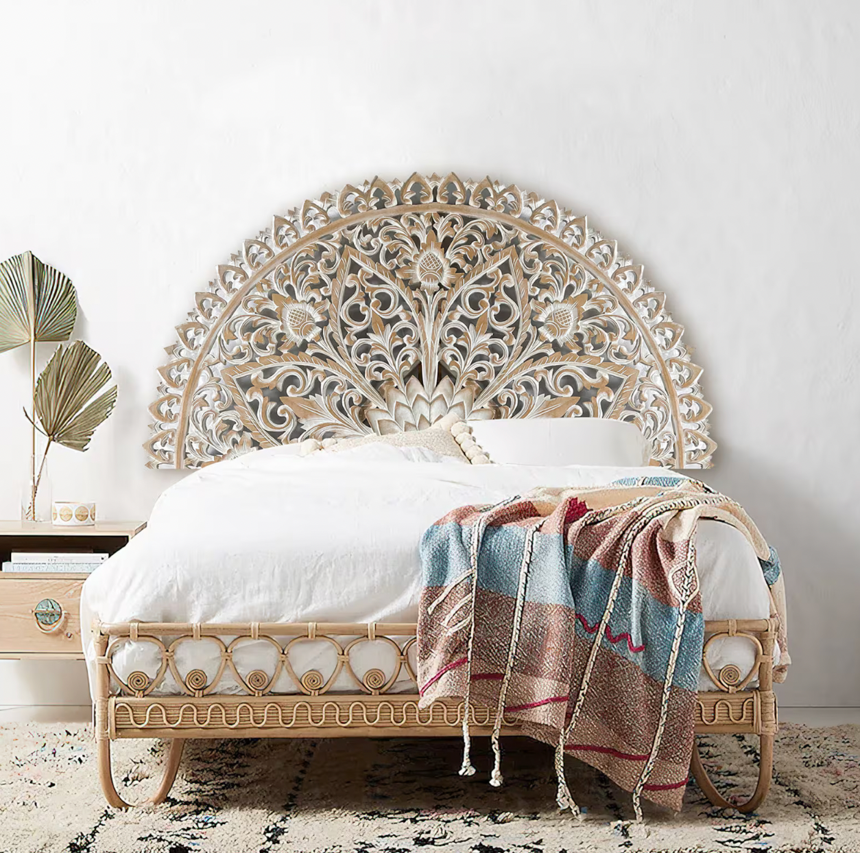Hand Carved Half-moon Mandala Bed headboard 'Serupa' in Antic Wash