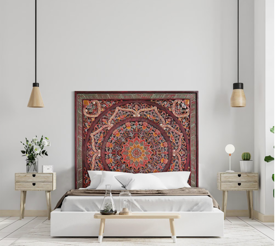 Balinese King Size Carved mandala full bed headboard Manusa in Red - 72 inches - USA