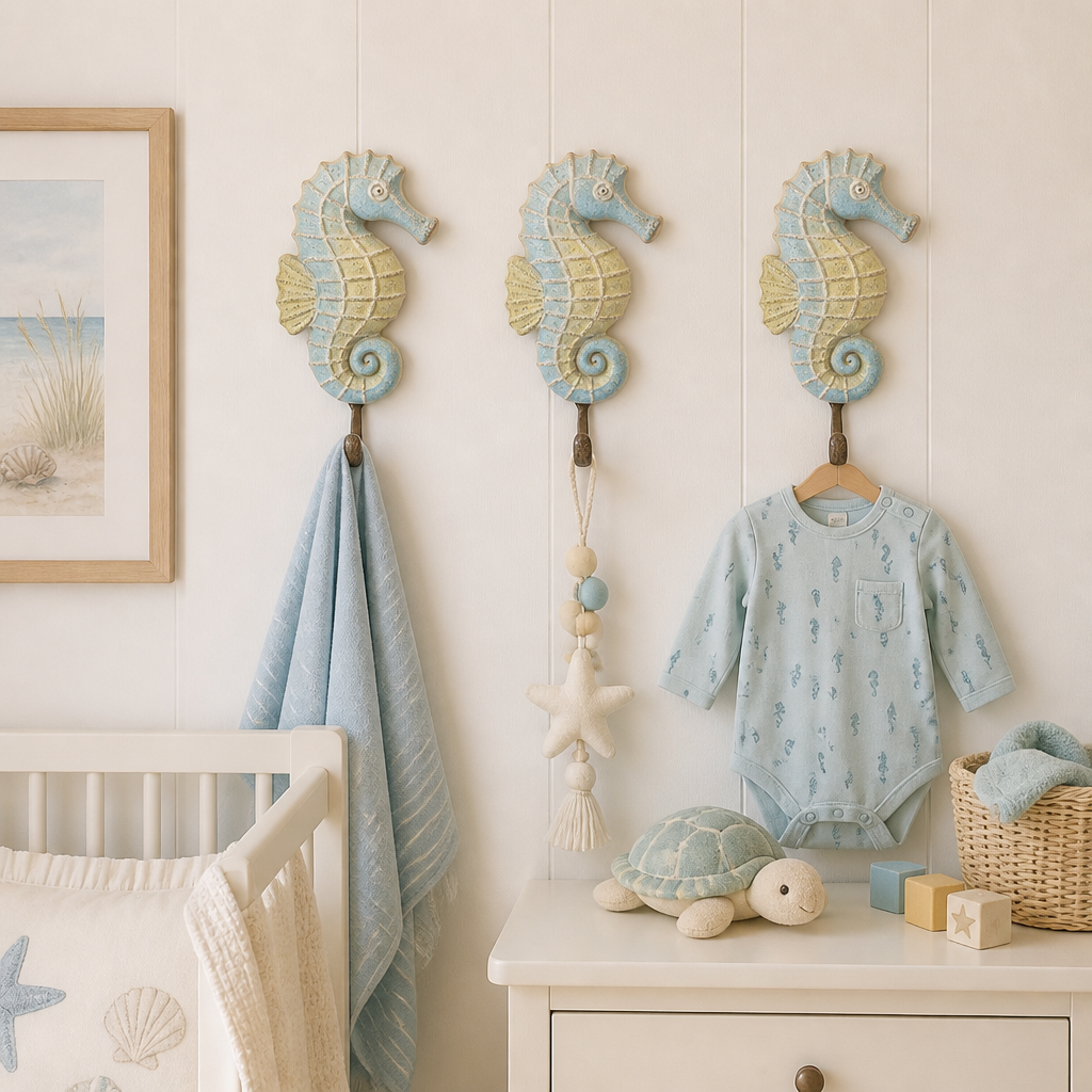 Three decorative seahorse wall hooks in a soft blue and beige color scheme hang in a nursery. The left hook holds a light blue striped blanket, the center holds a beaded starfish and tassel, and the right holds a baby's long-sleeve bodysuit.