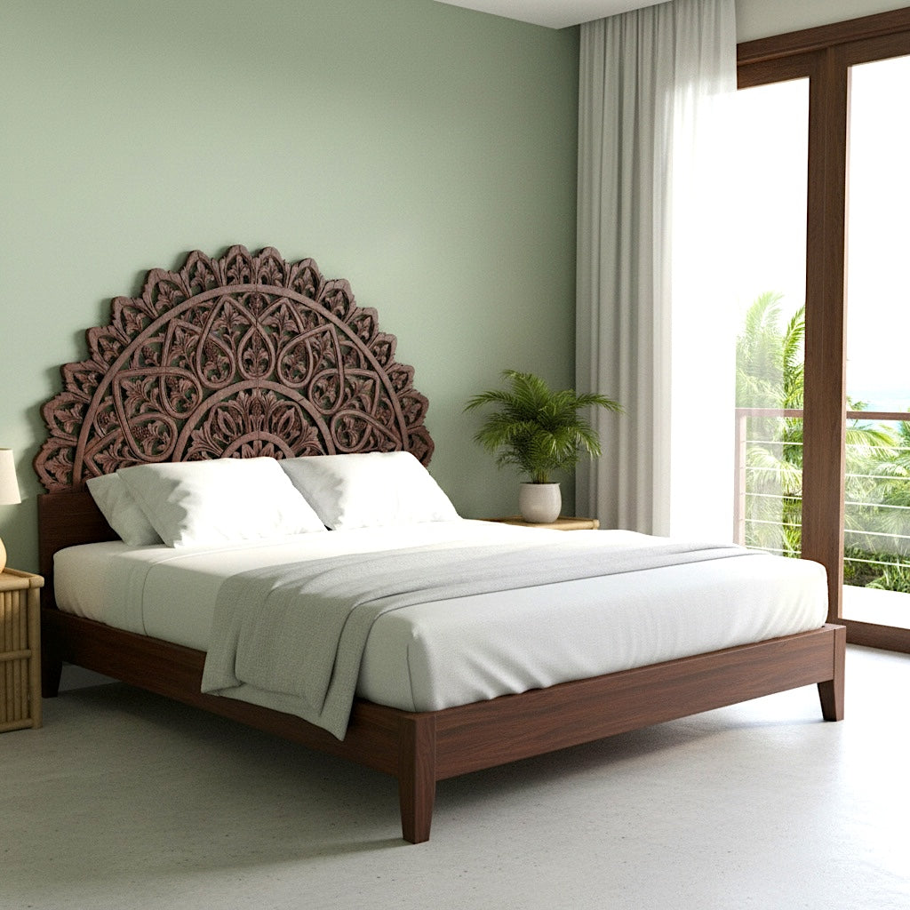 Carved Bed Headboard "Mahkota" - Dark Brown