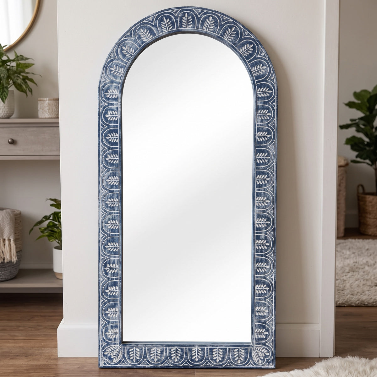 Hand Carved Mirror "Dedari" - Blue White Wash - 180 x 90 cm