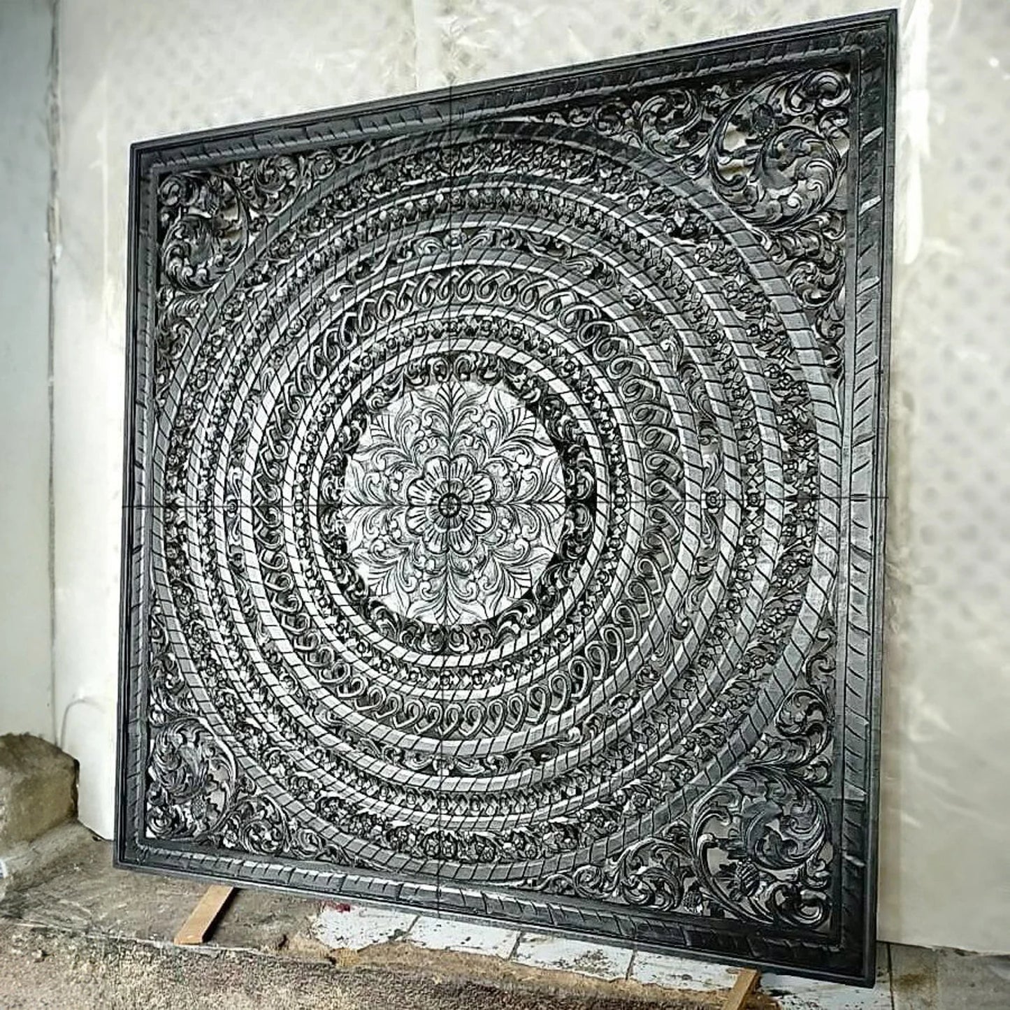 Carved Full Bed Headboard "Kusuma" in Black