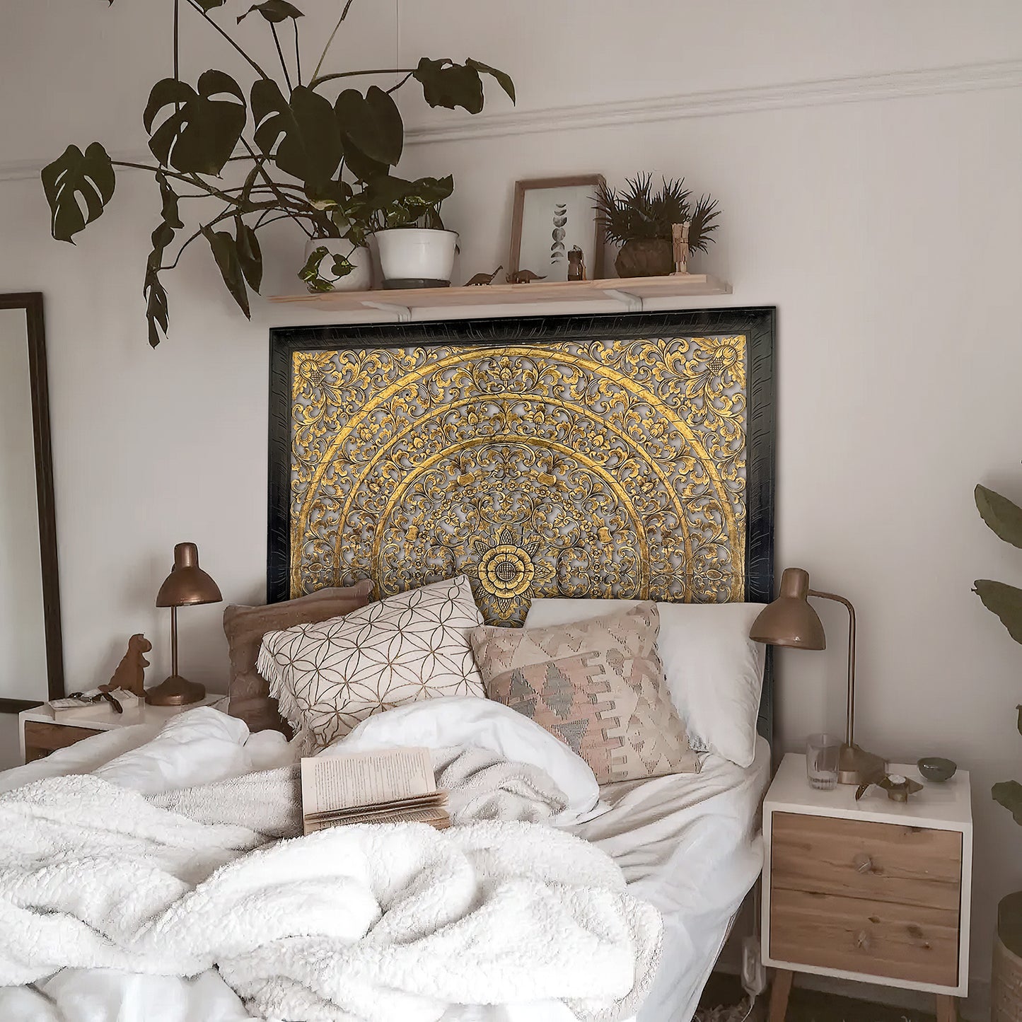 Carved Full Bed Headboard "Rampai" - Gold