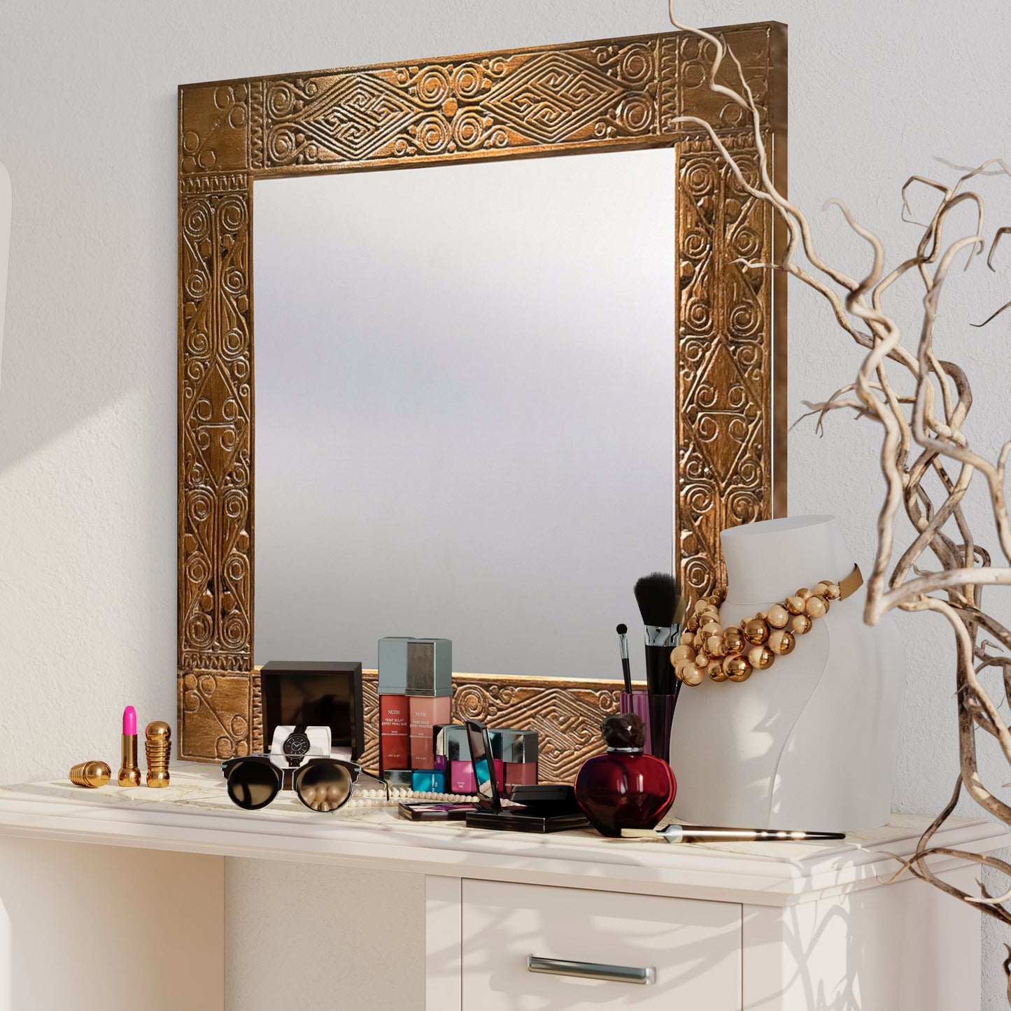 Hand Carved Mirror "Dili" - Natural Brown - 80 cm