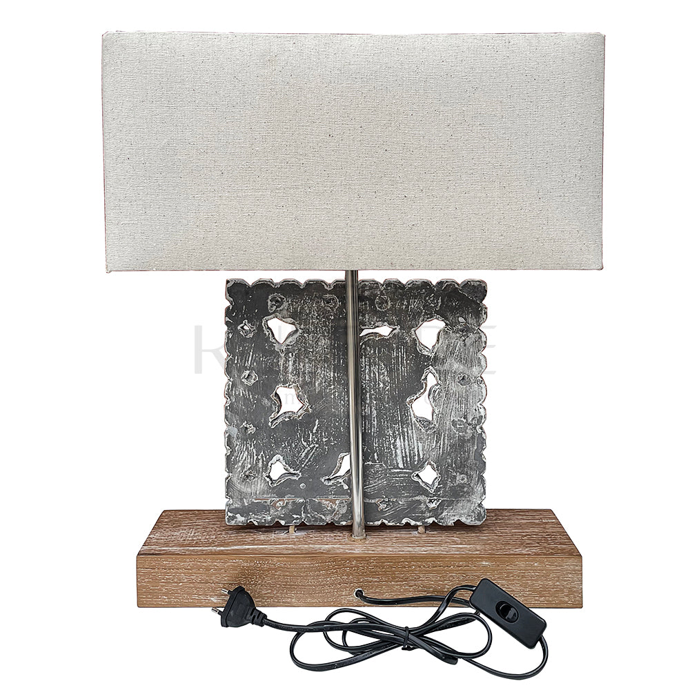 Carved Table Lamp "Kamboja" - Grey & White