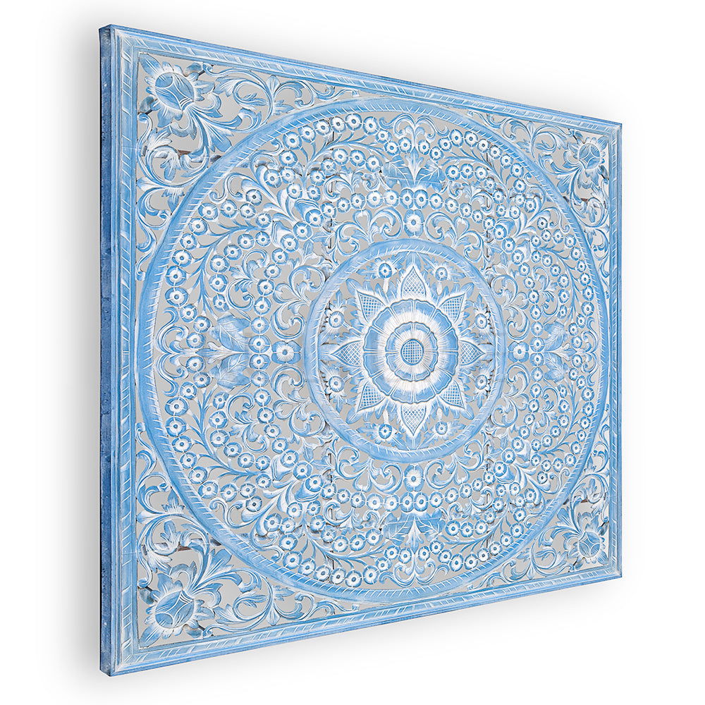 bed headboard peony blue wash bali design hand carved hand made home decorative house furniture wood material