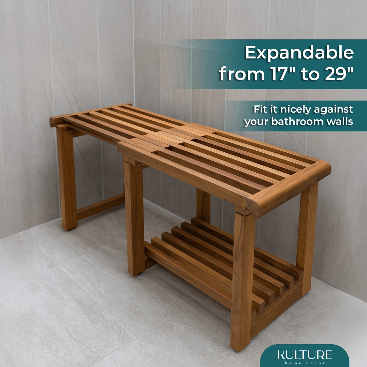New Teak Shower Bench [Expandable from 17" to 30"]  - US