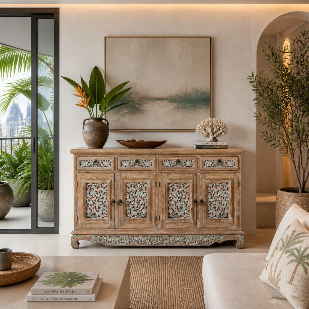 Wooden Carved Console Cabinet With Storage "Kirana" - 150 cm