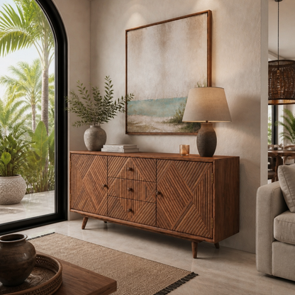 A mid-century modern wooden sideboard cabinet with geometric carved panel doors and tapered legs, styled in a warm, neutral-toned living room next to a large window overlooking palm trees.