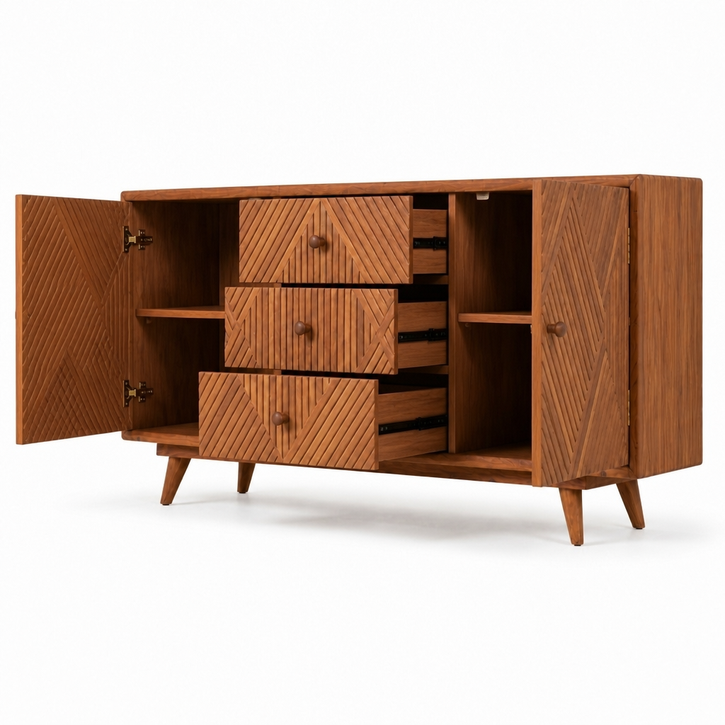 Mid-century modern wooden sideboard cabinet with a warm brown finish, featuring chevron-patterned drawer fronts, open shelving, and an open side door, shown on a white background.