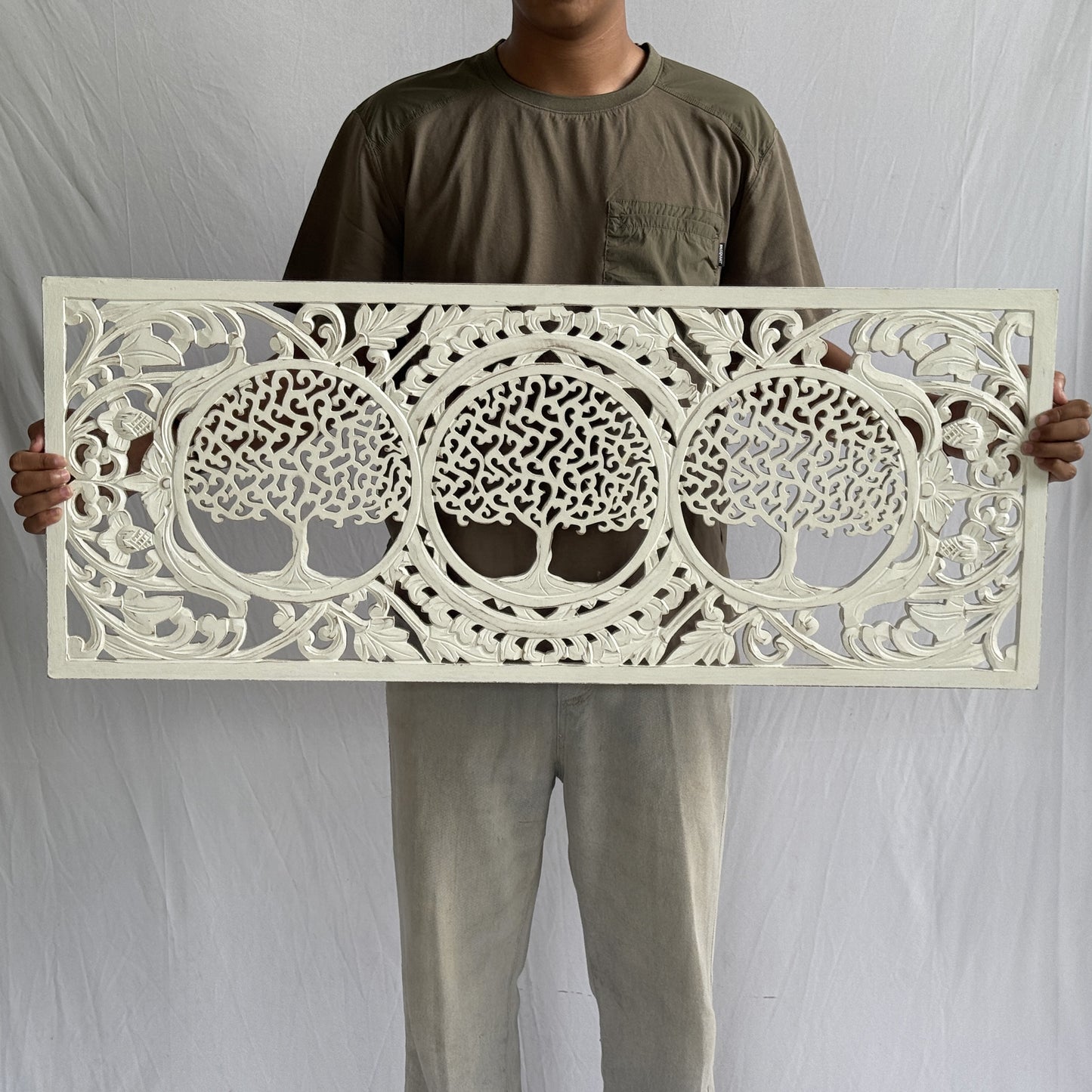 Decorative Panel "3 Tree of Life" - White wash - 100 x 40 cm