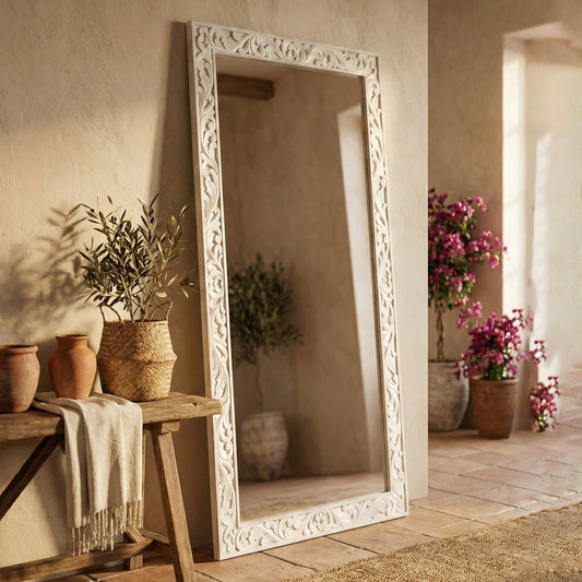 Hand Carved Wooden Mirror "Asmara" in White - 150 cm
