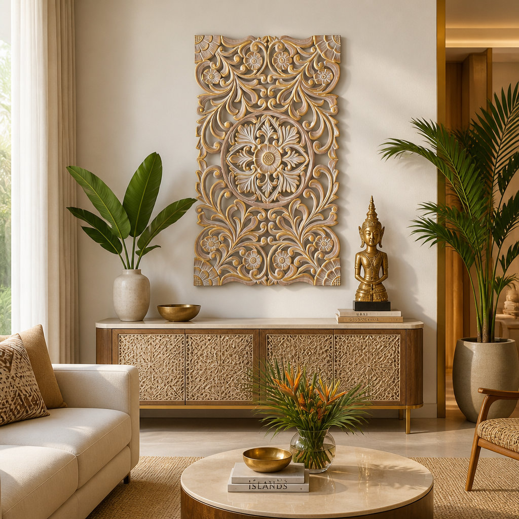 A large rectangular carved wooden wall art piece with intricate floral and scroll motifs hangs above a console table in a styled living room. The room includes potted plants, a cream sofa, a round coffee table, and a small gold statue.