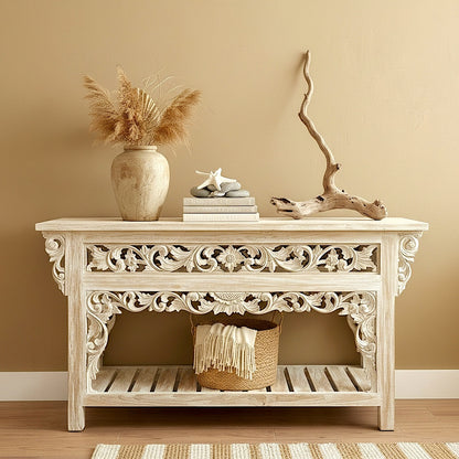 Wooden Carved Console Table "Balina" - White Wash - 150 cm
