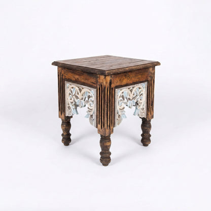 Wooden Carved Side Table 'Jejak' - Brown and Multicolor