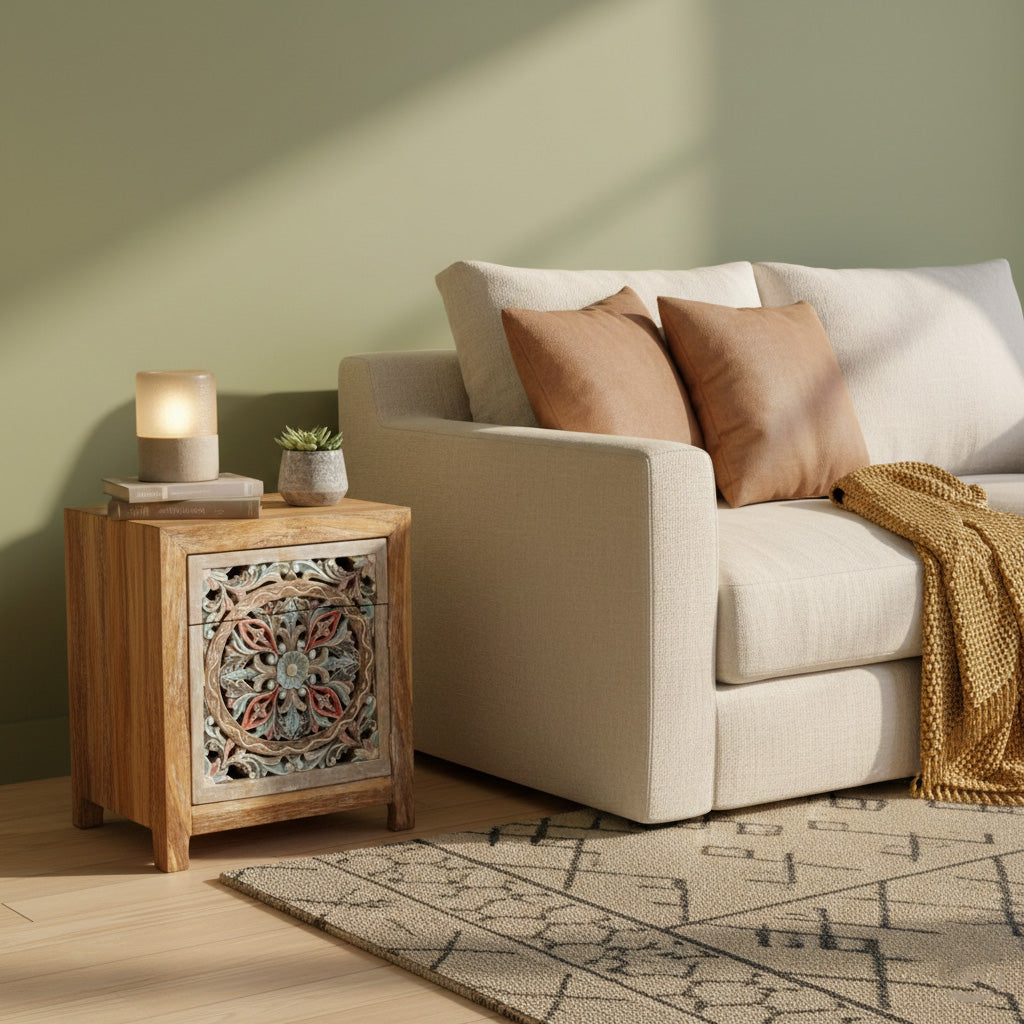 Wooden Carved Bedside Table 'Sekar' - Natural and Multicolor Blue - 60 cm