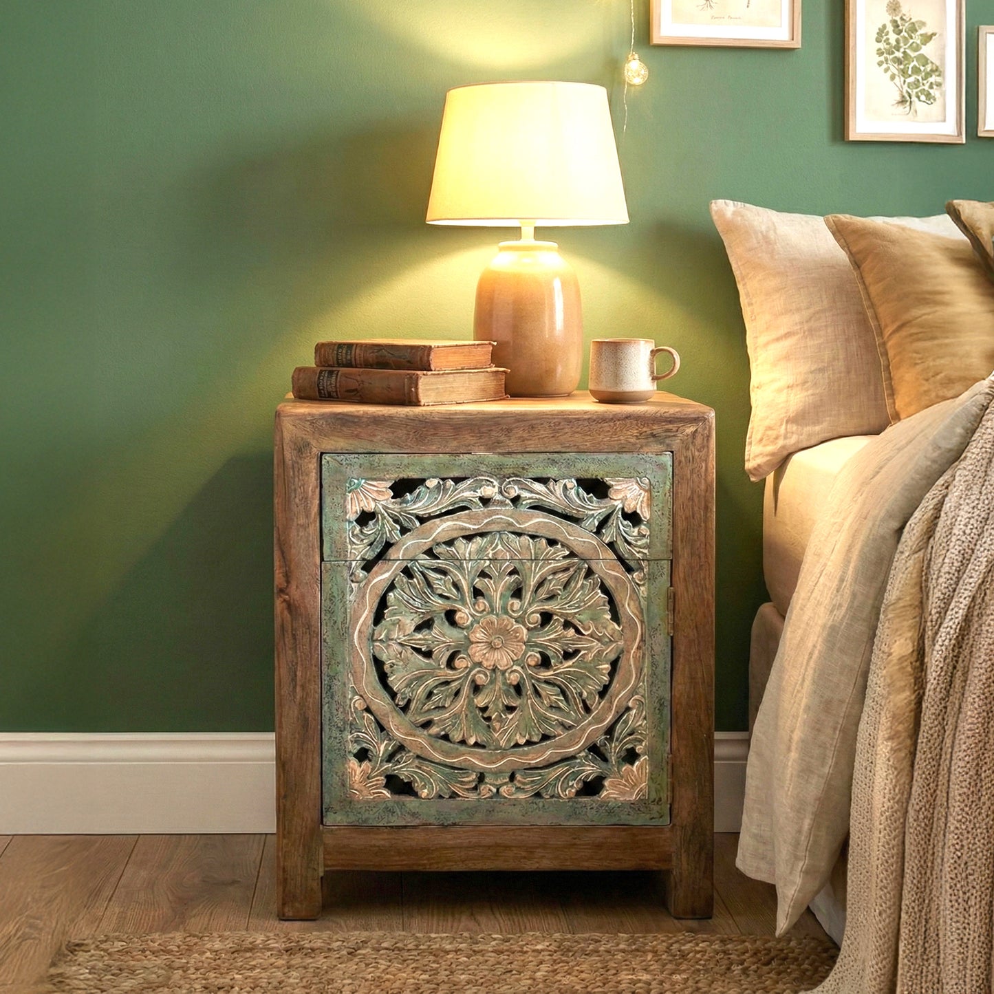 Wooden Carved Bedside Table 'Sekar' - Natural and Multicolor Green
