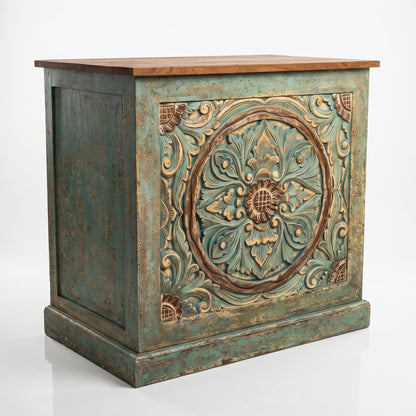 Hand-Carved Wooden Reception Table “Calyta” – Green Wash Finish – 80 cm