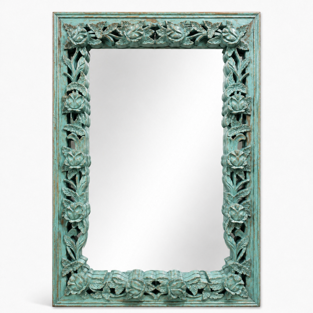 Hand-carved Wooden Mirror "Camélia" - Distressed Turquoise - 120 x 90 cm
