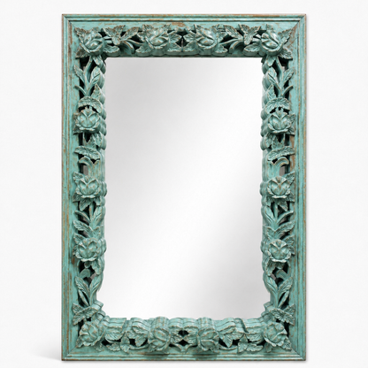 Hand-carved Wooden Mirror "Camélia" - Distressed Turquoise - 120 x 90 cm