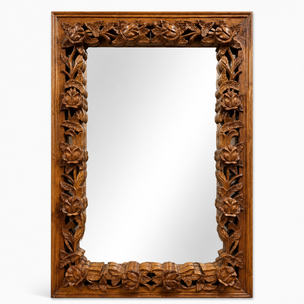 Hand-carved Wooden Mirror "Camélia" - Natural Brown - 120 x 90 cm