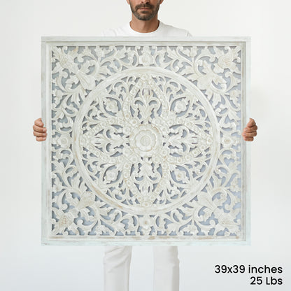 Carved Decorative Panel "Ceningan" - White Wash - 100 x 100 cm