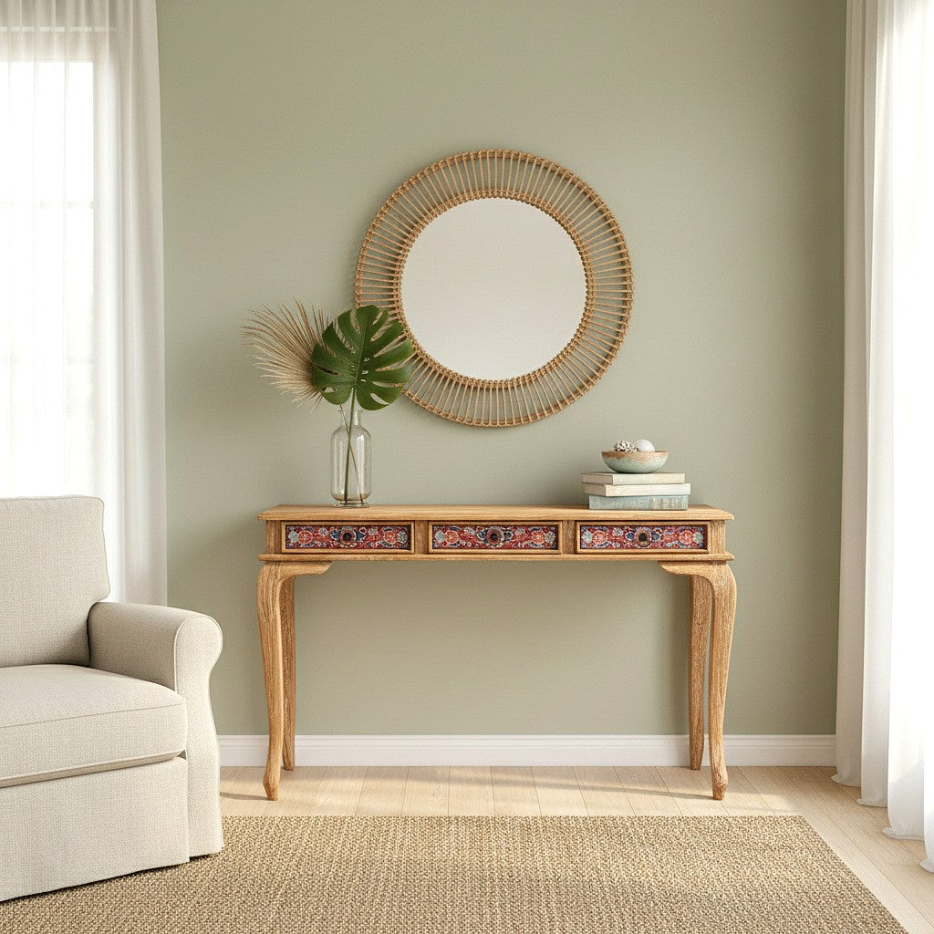 Wooden Carved Console Table "Lombok" - Red & Blue Wash - 120 cm