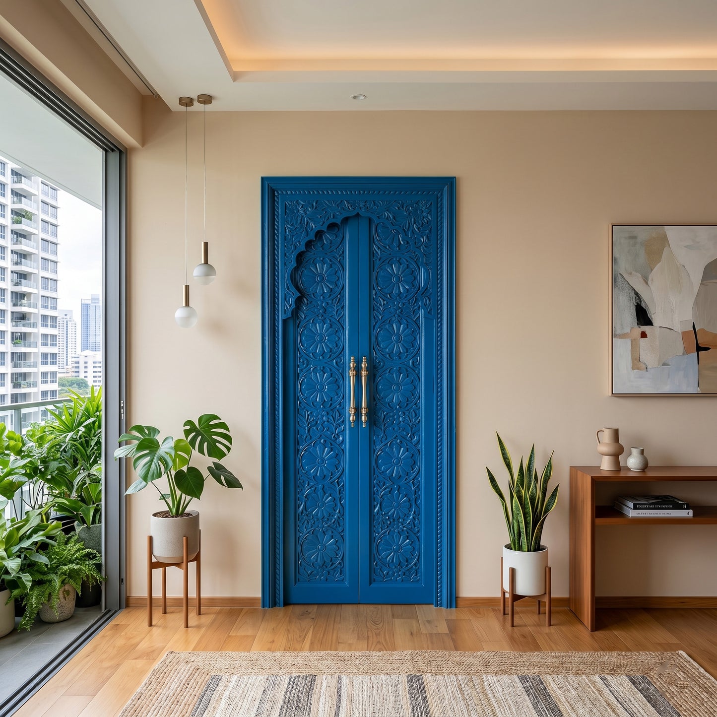 Wooden Hand carved Door 'Tirta' - Teak Wood in Indigo Blue - 213 x 90 cm