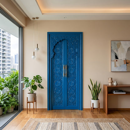 Wooden Hand carved Door 'Tirta' - Teak Wood in Indigo Blue - 213 x 90 cm