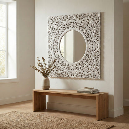 Carved Mirror "Dewata" - White Wash - 100 cm