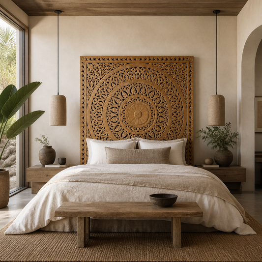 Carved Full Bed Headboard "Embun" in Natural Brown