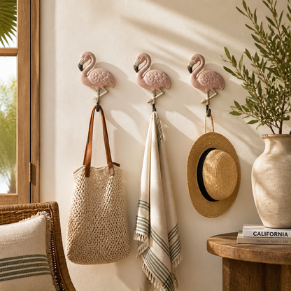 Three pink flamingo wall hooks hang on a cream wall in a styled entryway. A woven tote bag hangs from the left hook, a cream fringed towel from the center, and a straw hat from the right.