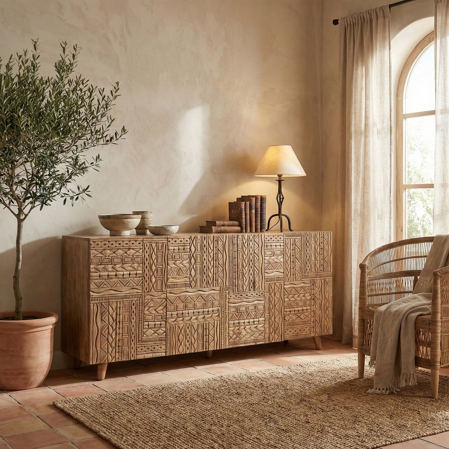 Wooden Carved Sideboard Console Cabinet "Nusantara" - Natural - 180 cm
