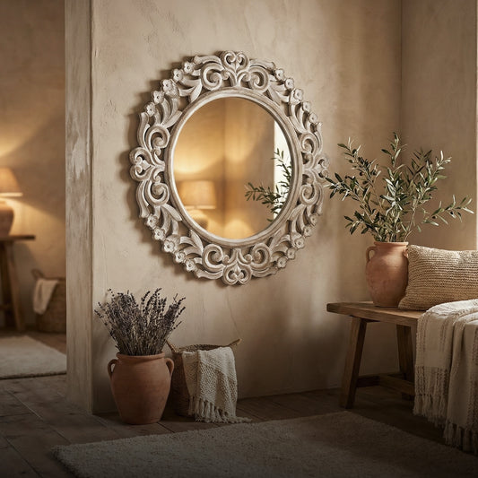 Hand Carved Mirror "Hujan" - Antic-wash - 70 cm