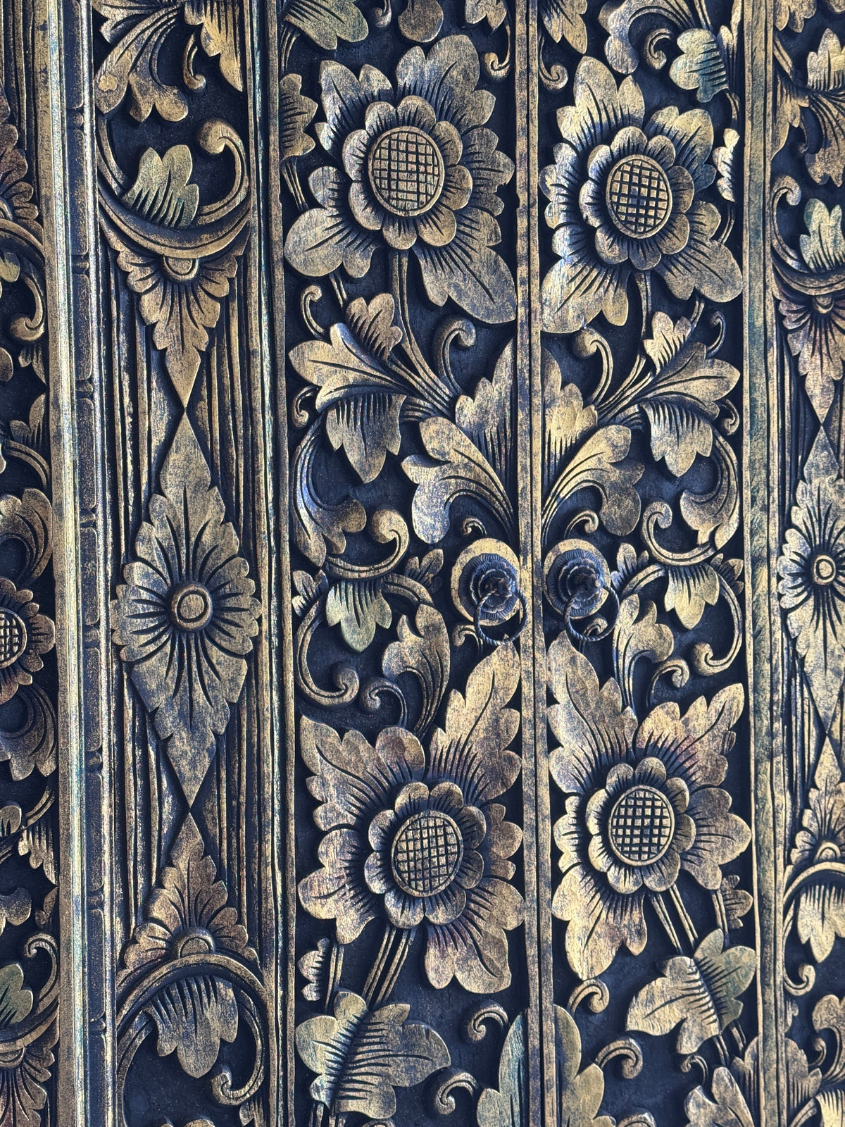 Teak Wooden Hand Carved Balinese Door 'Gianyar' in Black Gold Antique Wash - 210 x 100 cm