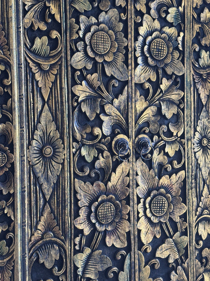 Teak Wooden Hand Carved Balinese Door 'Gianyar' in Black Gold Antique Wash - 210 x 100 cm