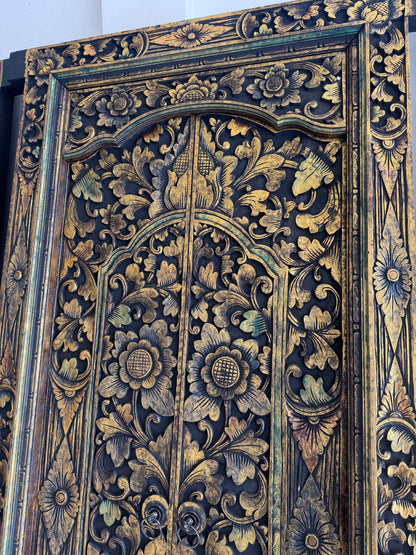 Teak Wooden Hand Carved Balinese Door 'Gianyar' in Black Gold Antique Wash - 210 x 100 cm
