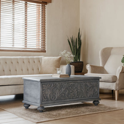 Custom Carved Wood Trunk "Cristina" - Light Grey with Antic Wash