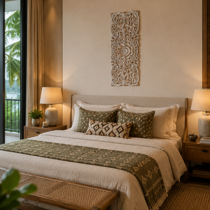A beautifully styled bedroom featuring a bed dressed in cream bedding and patterned green and beige accent pillows, with a matching patterned throw blanket. The room has warm neutral walls, a carved wall hanging, bedside tables with lit lamps, and a window looking out onto tropical greenery.
