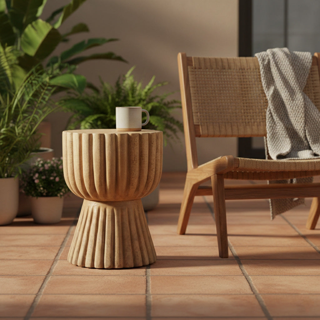 Sculptural Wooden Side Table / Stool 'Teduh' in Natural - 35 x 45 cm
