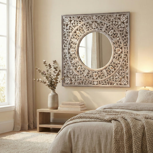 Carved Mirror "Kilau" in Antic Wash - 100 cm