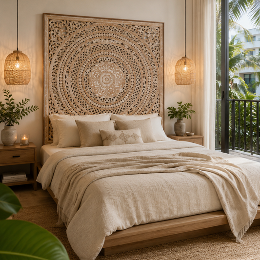 A beautifully styled bedroom featuring a large, intricately carved wooden headboard with a mandala design. The bed is dressed in neutral beige and cream linens, flanked by two woven pendant lights and small wooden nightstands with potted plants, set against a warm beige wall with a large window overlooking a tropical garden.