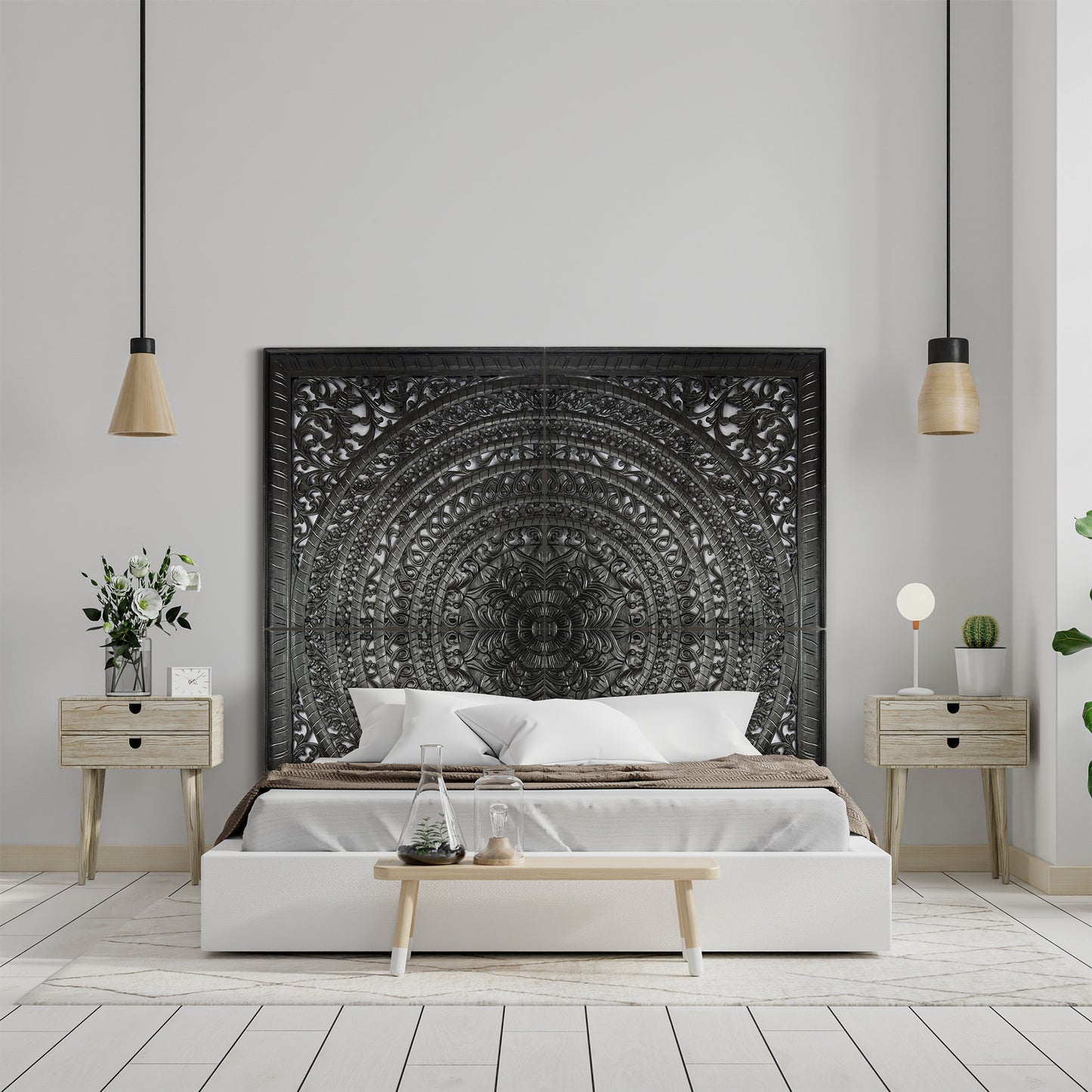 Carved Full Bed Headboard "Kusuma" in Black