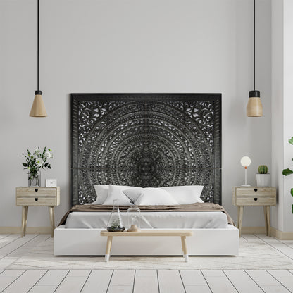 Carved Full Bed Headboard "Kusuma" in Black