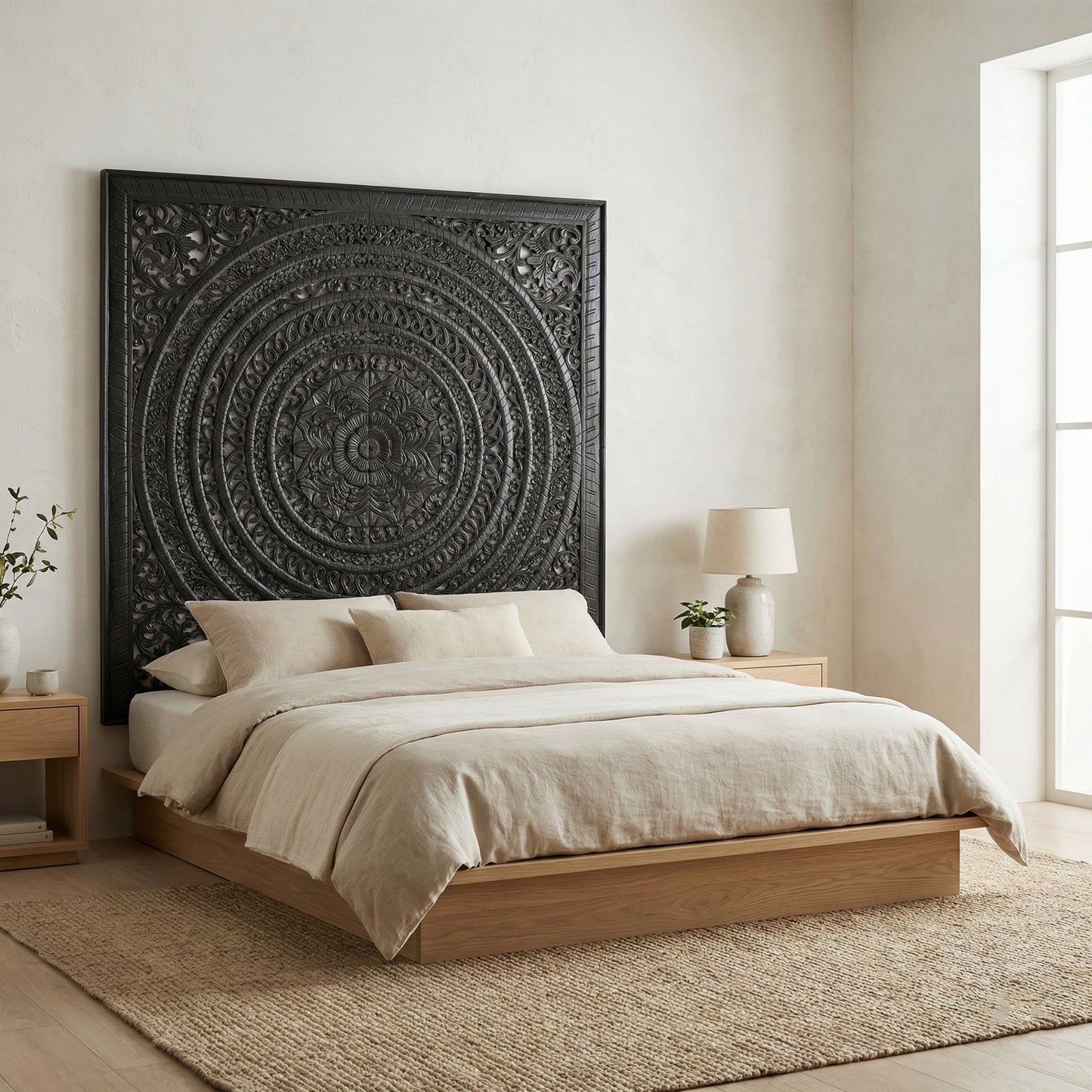 Carved Full Bed Headboard "Kusuma" in Black